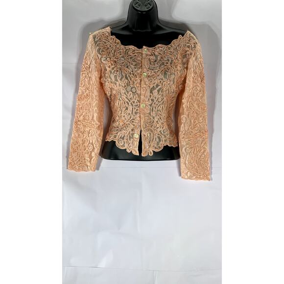 UNBRANDED Women's Pink Embroidered Lace Button-Up Long Sleeve Top SZ S - Picture 1 of 9